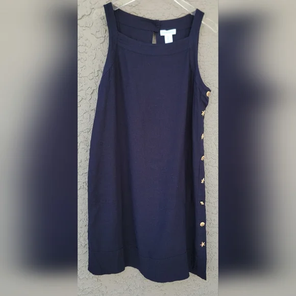 Cynthia Rowley Navy Linen blend coastal Dress Gold Shell Buttons Pockets Size L - Picture 7 of 11